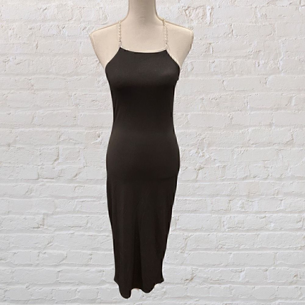 Cider Black Midi Dress with White Lining and Faux Pearl Straps Size Medium